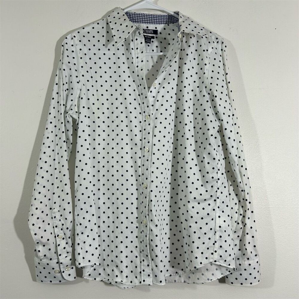 Chaps White Button-Down Shirt with Black Polka Dots
